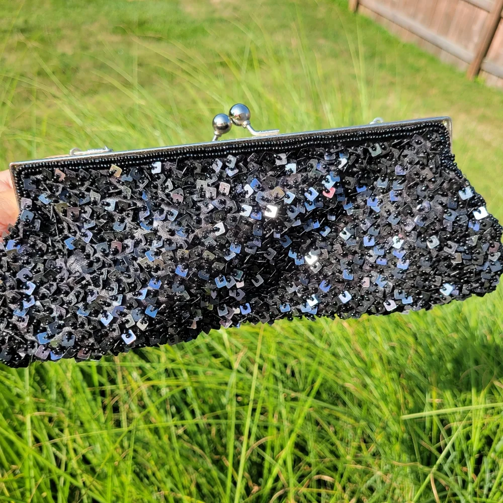 GUC ~ Nicole Lee Black Beaded Bag ~ Sparkly ~ Retro Vibe ~ Very Pretty!